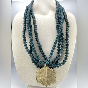 Akola MultiStrand Teal HandRolled PaperBead Necklace with Gold Medallion Pendant